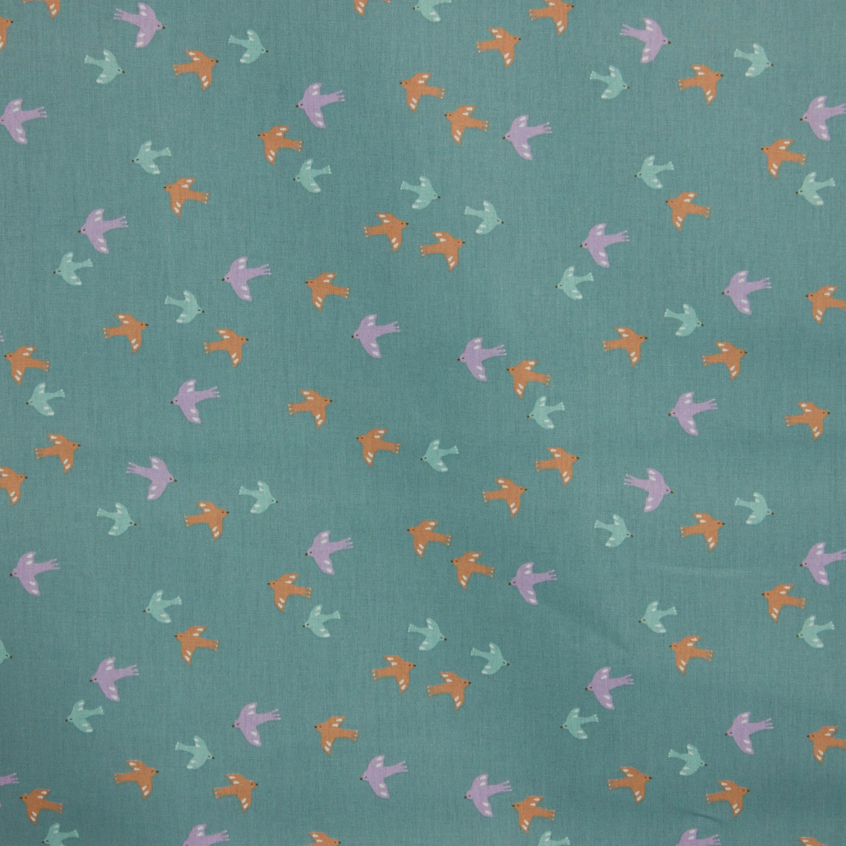 Petrolkleurige poplin met blauwe, paarse en oranje vogels